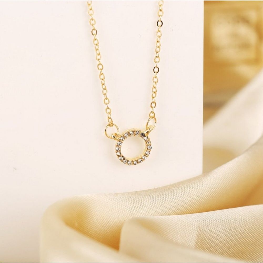 Gold Round Circle Pendant Necklace Crystal Rhinestone Delicate Dainty Minimalist - Picture 2 of 3
